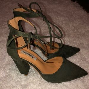 Olive Green Faux Suede Block Heels